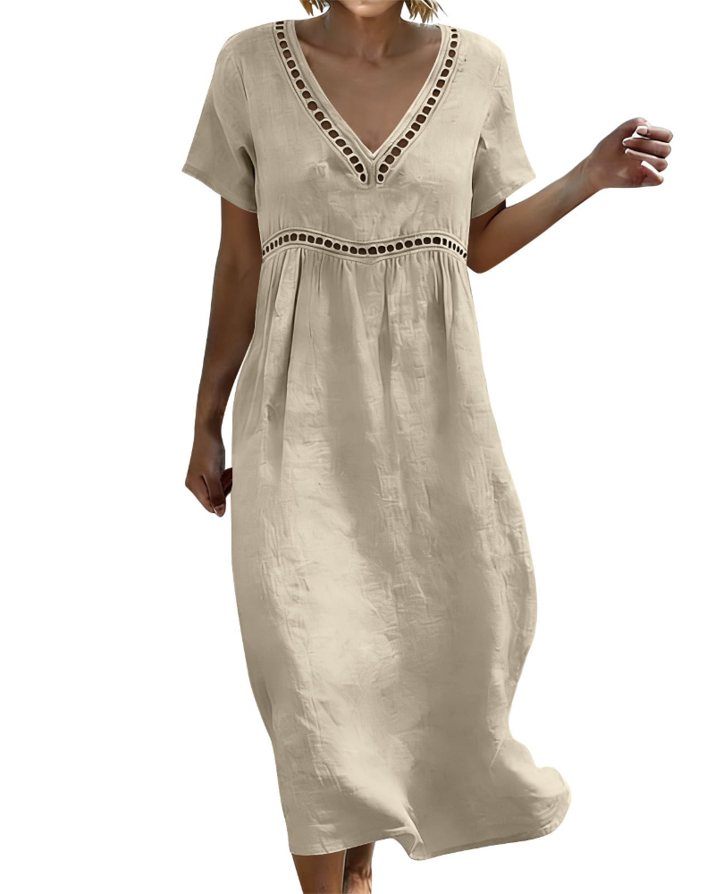 Charlotte Women's Cotton Linen Maxi Dress – V-Neck Boho Summer Dress with 3/4 Sleeves