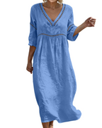 Charlotte Women's Cotton Linen Maxi Dress – V-Neck Boho Summer Dress with 3/4 Sleeves