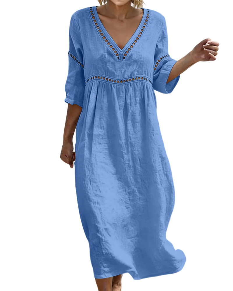 Charlotte Women's Cotton Linen Maxi Dress – V-Neck Boho Summer Dress with 3/4 Sleeves