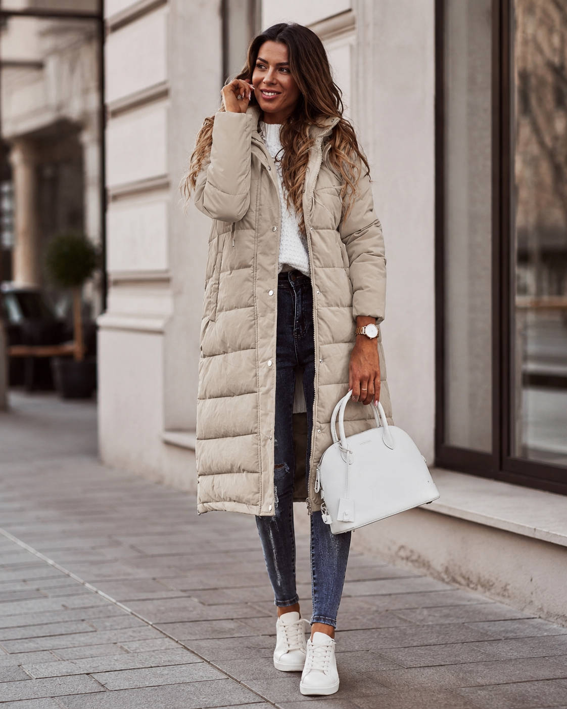 Evie Women’s Long Puffer Coat – Warm Quilted Winter Jacket with Adjustable Hood
