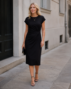 Amyrose Women’s Midi Dress – Elegant Fitted Office Dress with Classic Round Neck