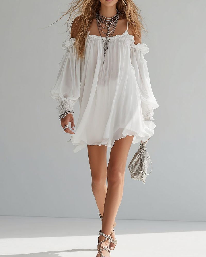 Daphne Women’s Mini Dress – Off Shoulder Chiffon Boho Dress with Flowy Fit