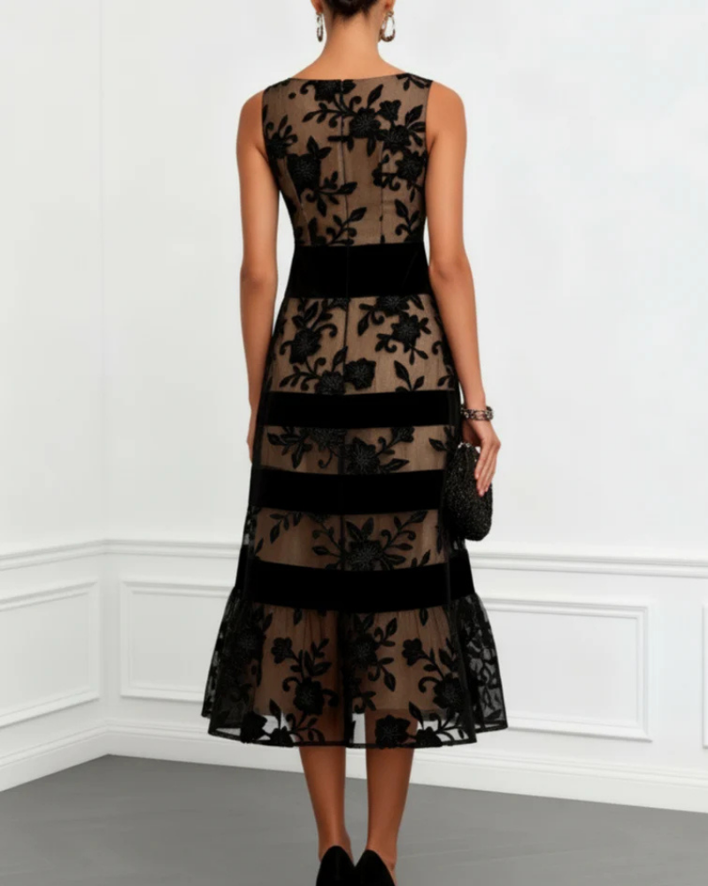 Evangeline Women’s Cocktail Dress – 3D Floral A-Line Midi Dress with Boat Neck