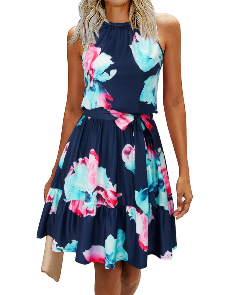 Elena Women’s Halter Dress – Sleeveless Knee-Length Swing Dress with Tie Belt