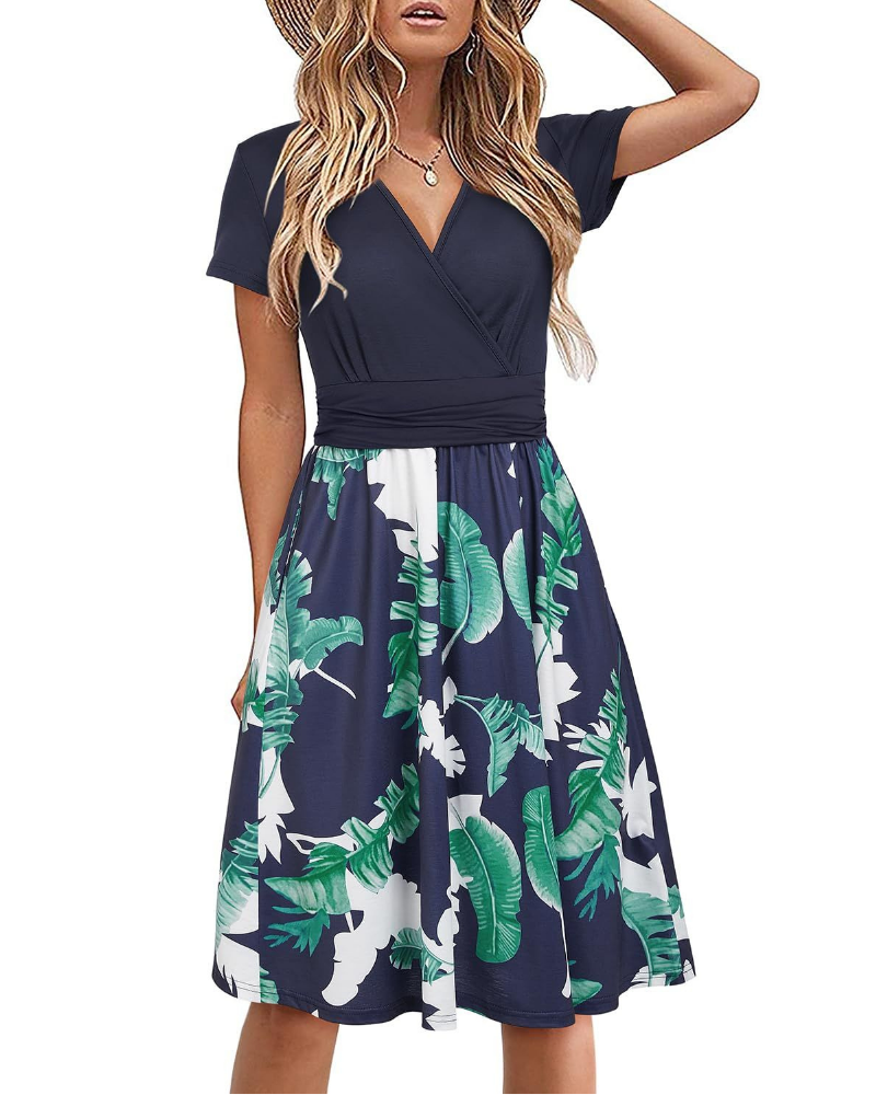 Maya Women’s Floral Midi Dress – V-Neck A-Line Empire Waist Dress with Pockets