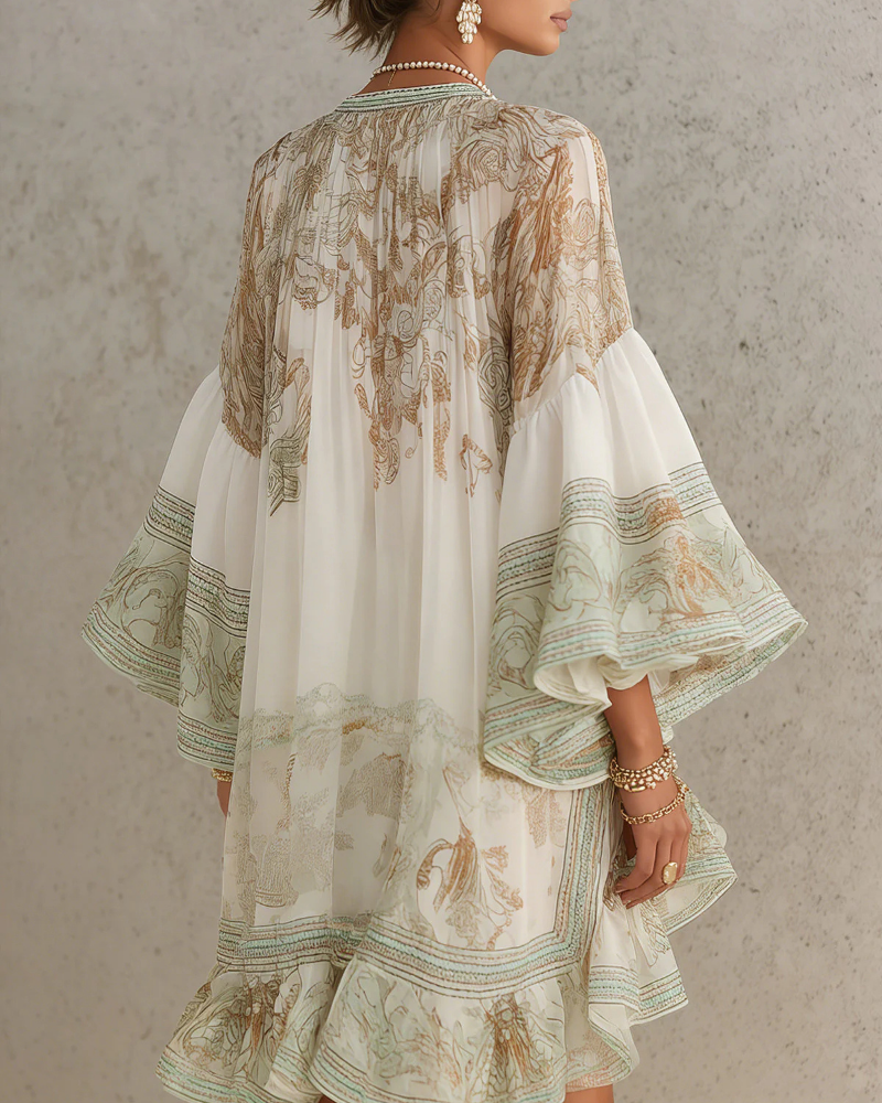 Cassandra Women’s Chiffon Mini Dress – High Neck Ruffle Dress with Baroque Print