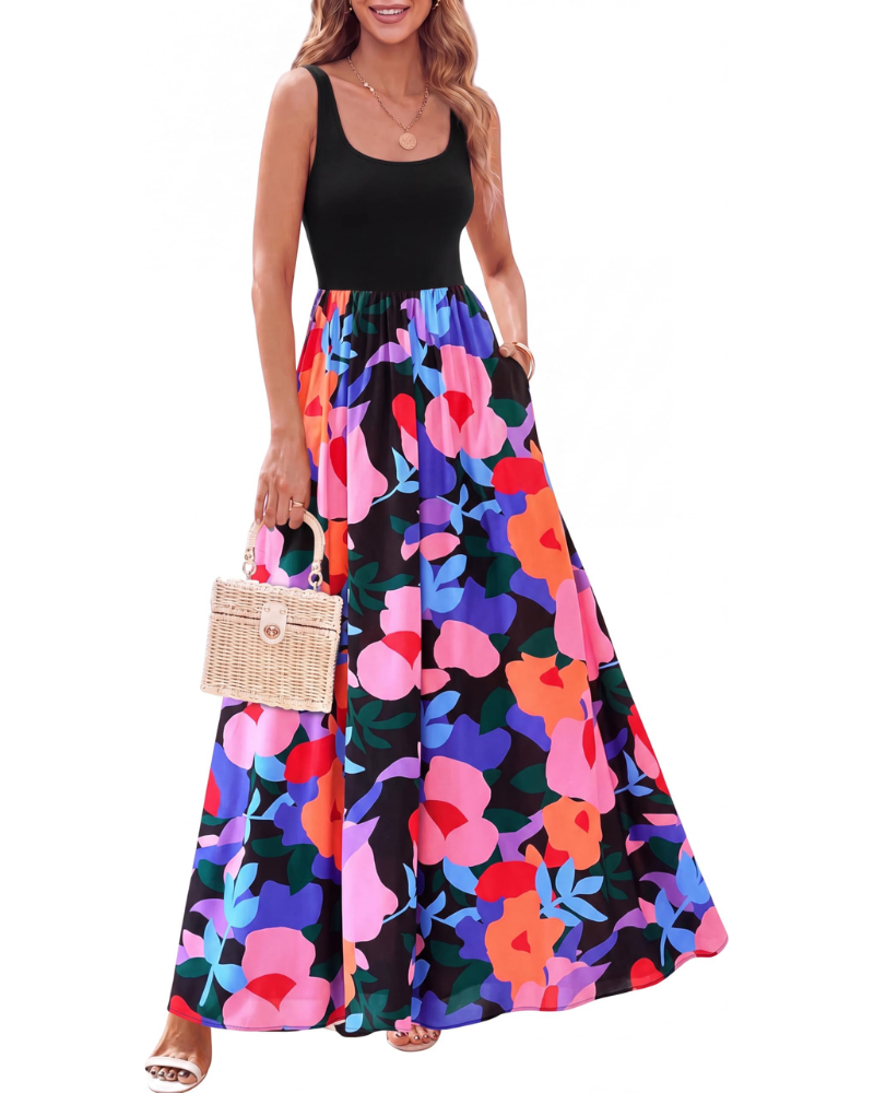 Sophia Women’s Boho Floral Maxi Dress – Sleeveless A-Line Vacation Sundress