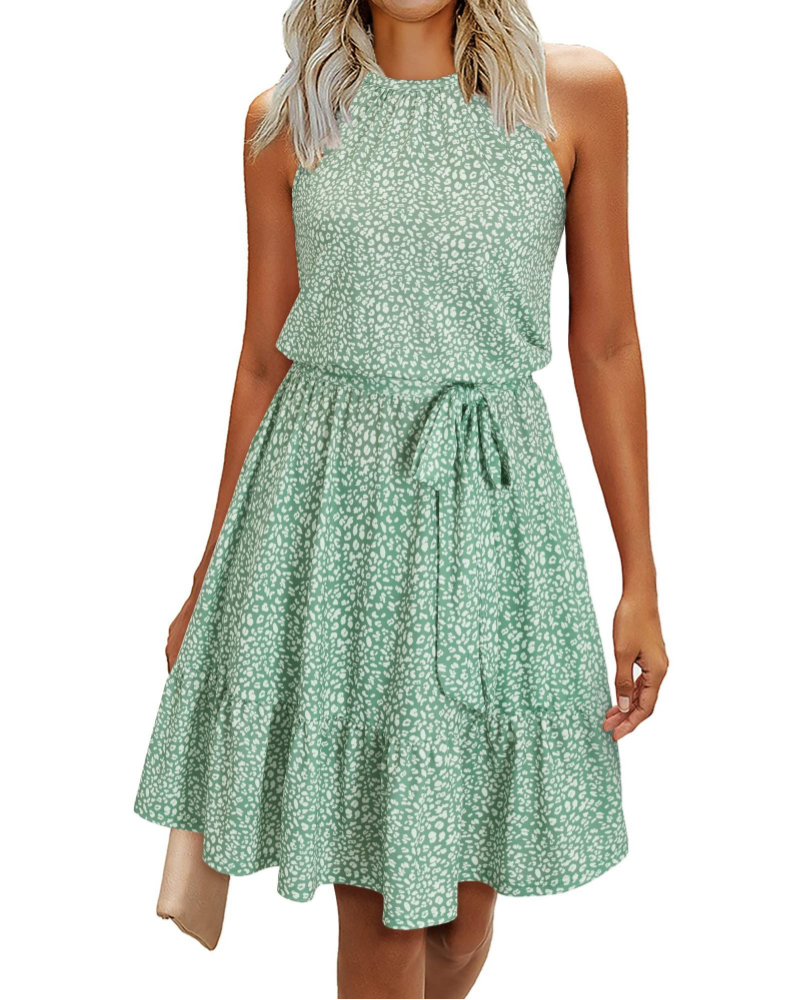 Elena Women’s Halter Dress – Sleeveless Knee-Length Swing Dress with Tie Belt