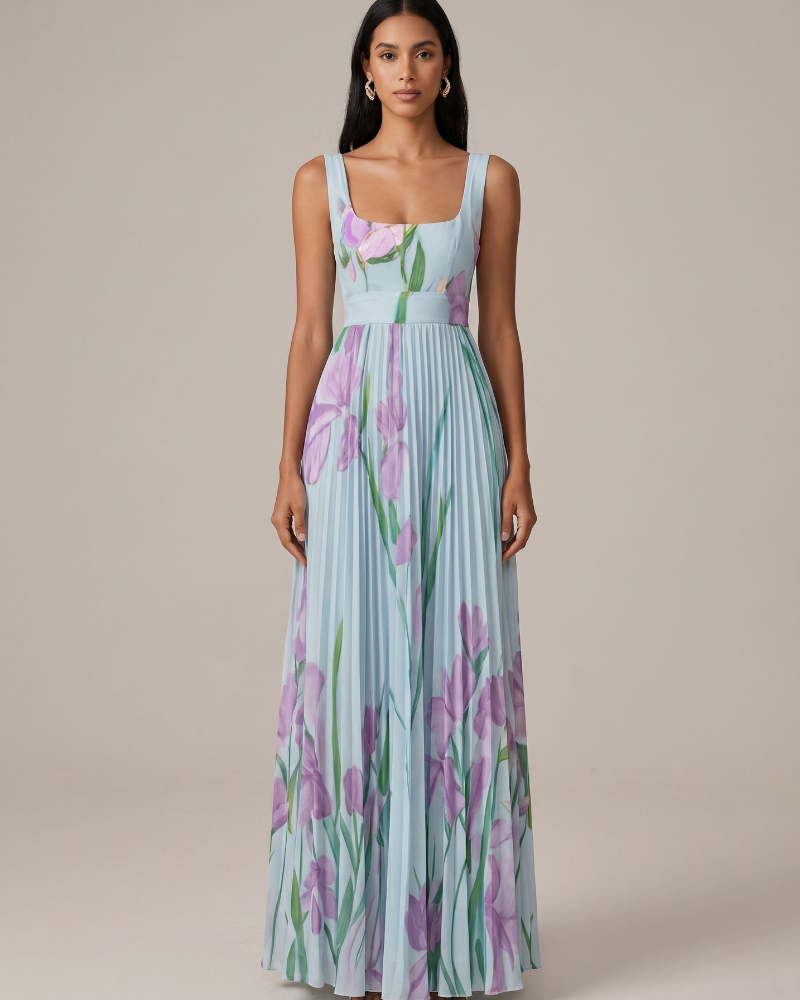Audrey Women’s Floral Maxi Dress – Elegant Pleated Evening Dress with Flowy Fit