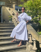 Naomi Women’s Cotton Maxi Dress – White Egyptian Cotton Dress with Belt & Pockets