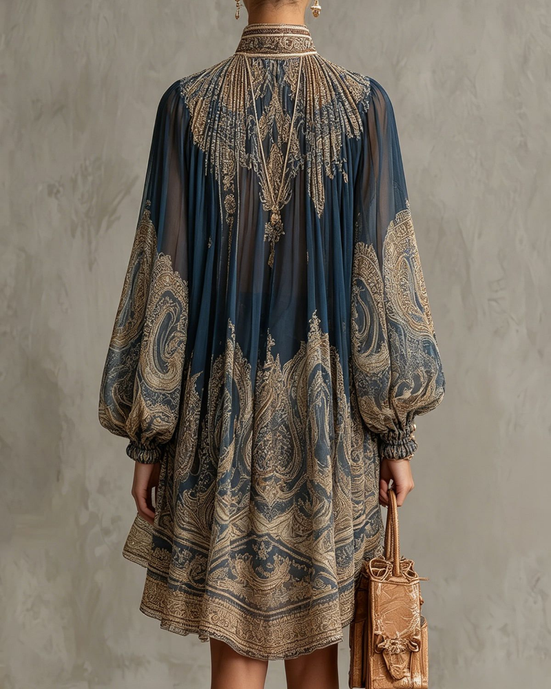 Valerie Women’s Chiffon Mini Dress – High Neck Ruffle Dress with Baroque Print