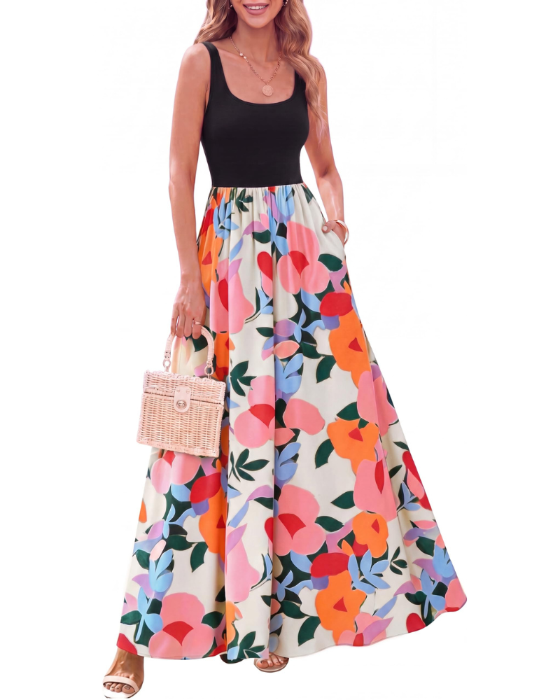Sophia Women’s Boho Floral Maxi Dress – Sleeveless A-Line Vacation Sundress