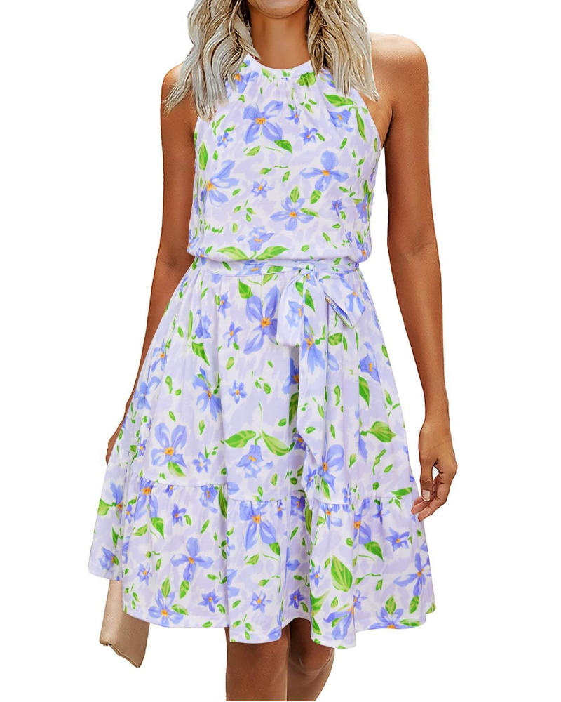 Elena Women’s Halter Dress – Sleeveless Knee-Length Swing Dress with Tie Belt