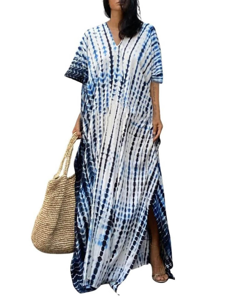 Camila Women’s Kaftan Maxi Dress – V-Neck Belted Beach Cover-Up
