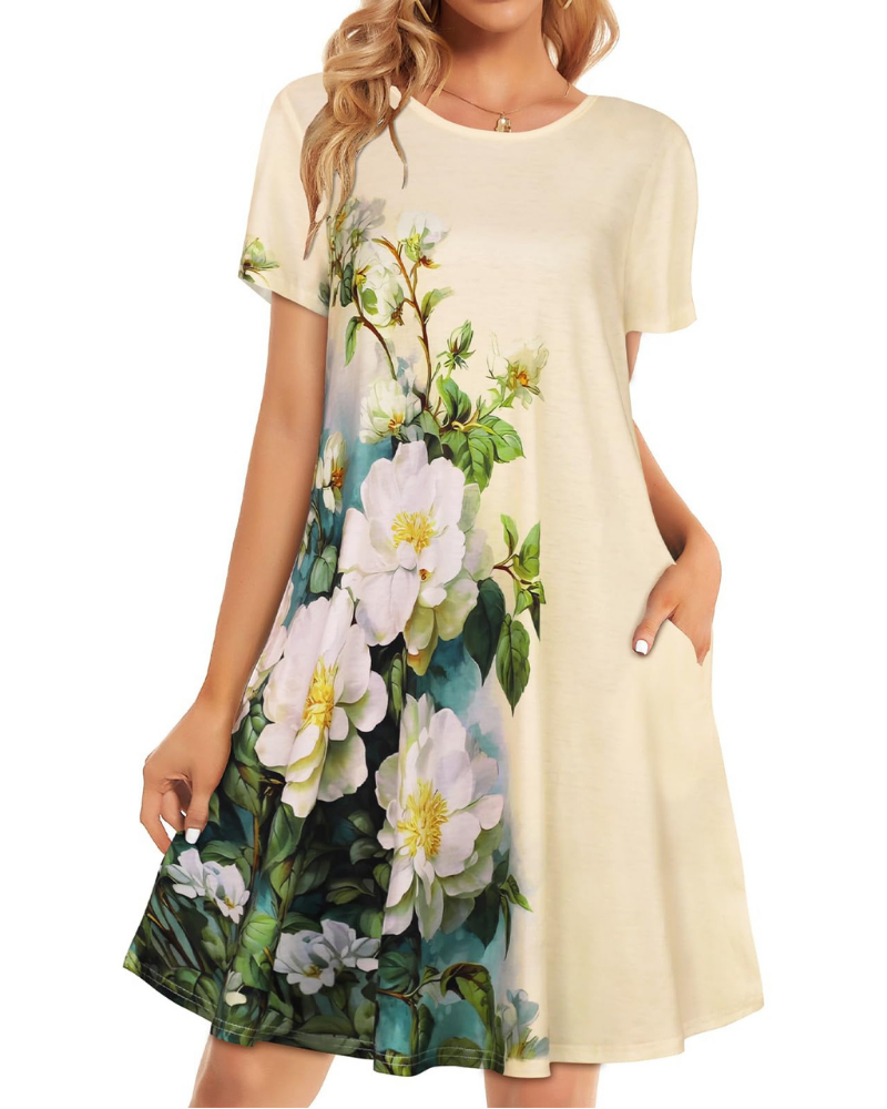 Chloe Women’s T-Shirt Dress – Short Sleeve Flowy Sundress with Pockets