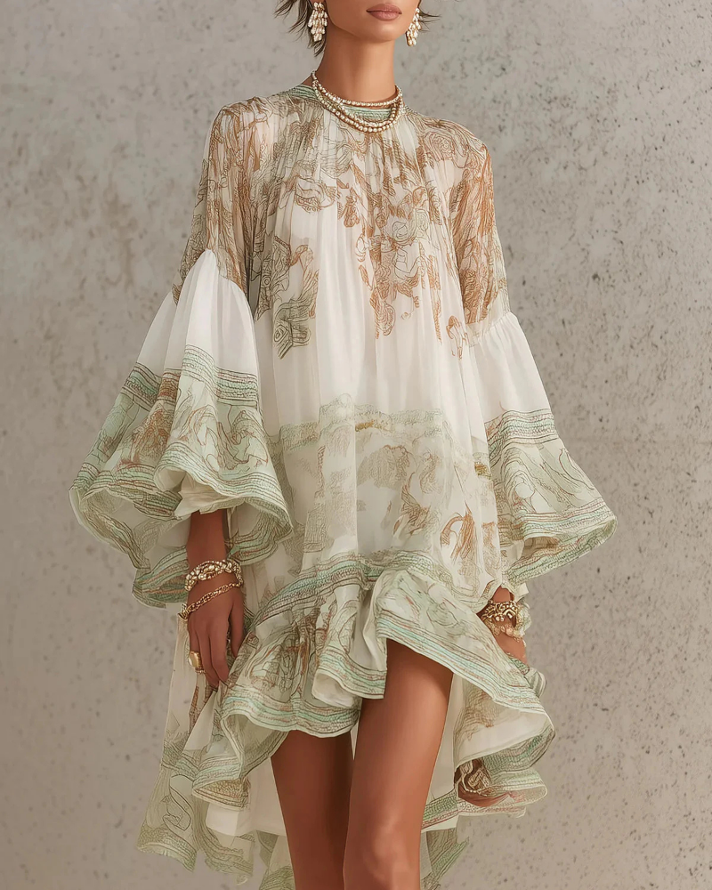 Cassandra Women’s Chiffon Mini Dress – High Neck Ruffle Dress with Baroque Print