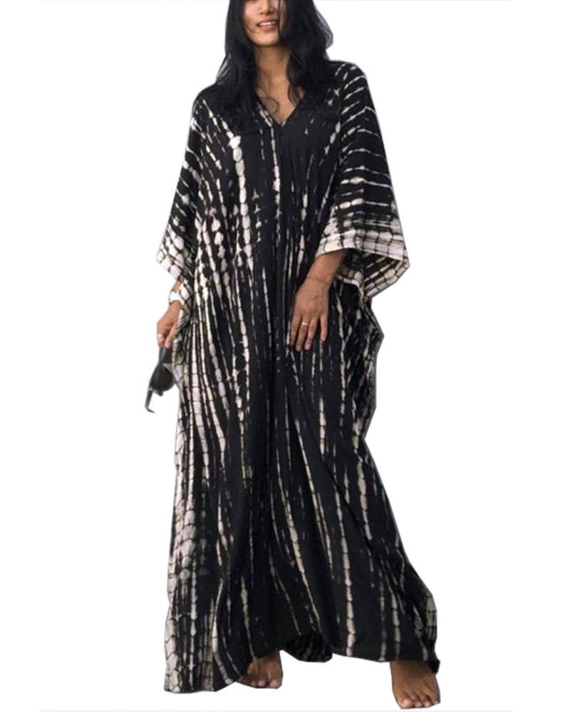 Camila Women’s Kaftan Maxi Dress – V-Neck Belted Beach Cover-Up