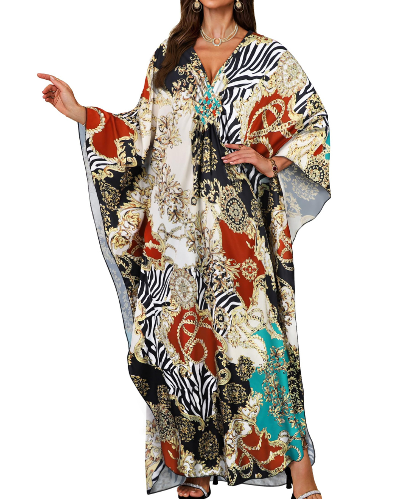 Serena Women’s V-Neck Kaftan Dress – Boho Maxi Beach Cover-Up