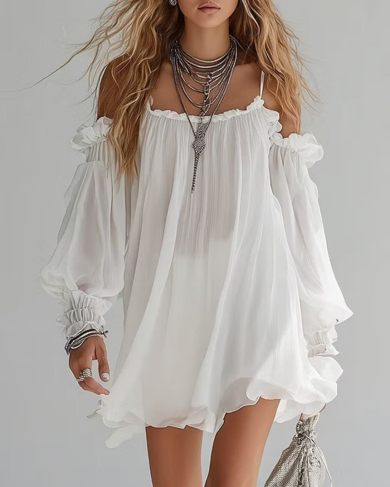Daphne Women’s Mini Dress – Off Shoulder Chiffon Boho Dress with Flowy Fit