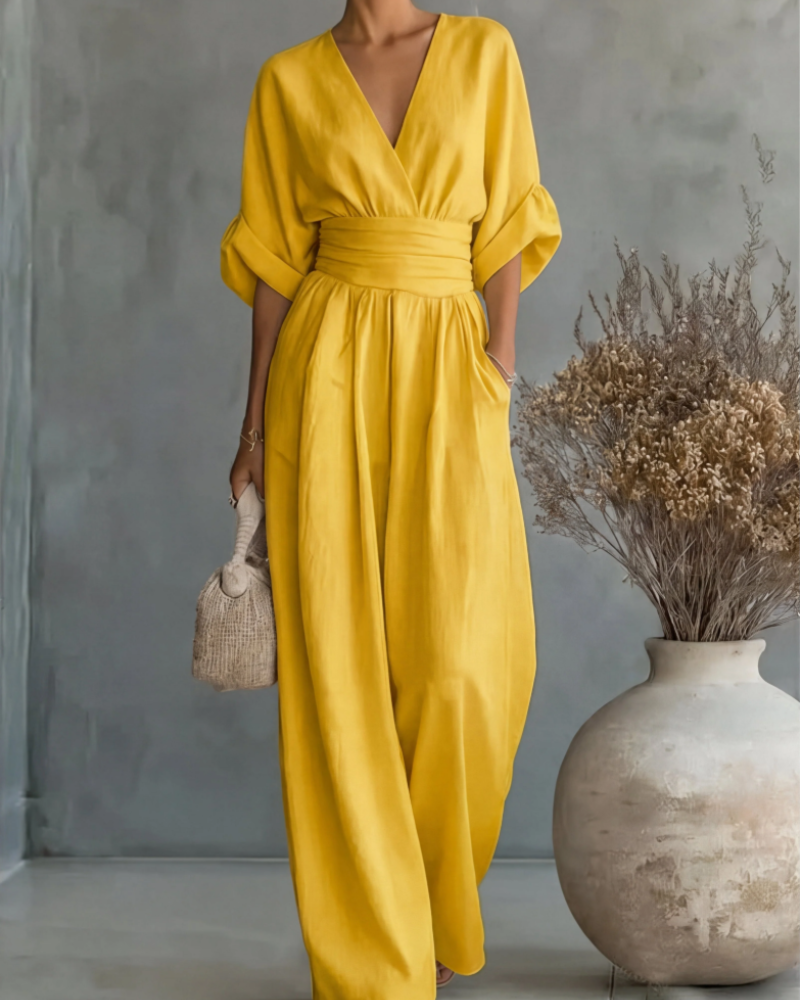 Hazel Women’s Wide Leg Jumpsuit – Elegant V-Neck Flowy Summer One-Piece Outfit