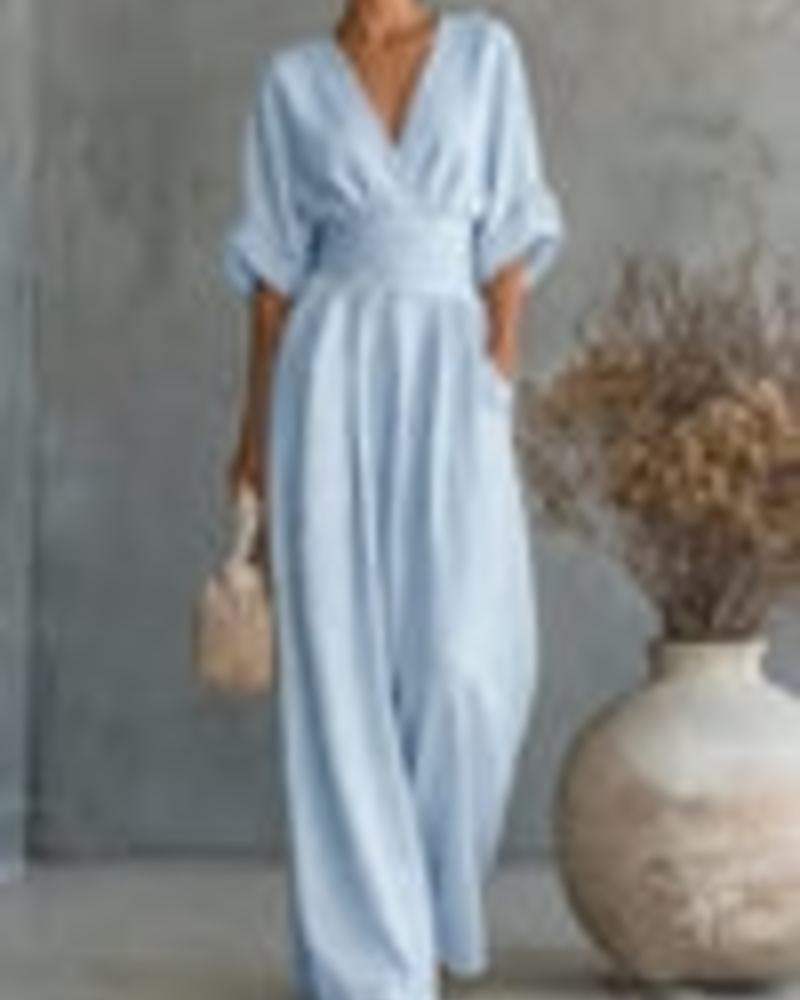 Hazel Women’s Wide Leg Jumpsuit – Elegant V-Neck Flowy Summer One-Piece Outfit