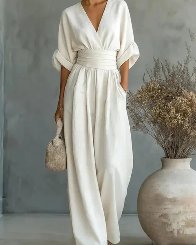 Hazel Women’s Wide Leg Jumpsuit – Elegant V-Neck Flowy Summer One-Piece Outfit