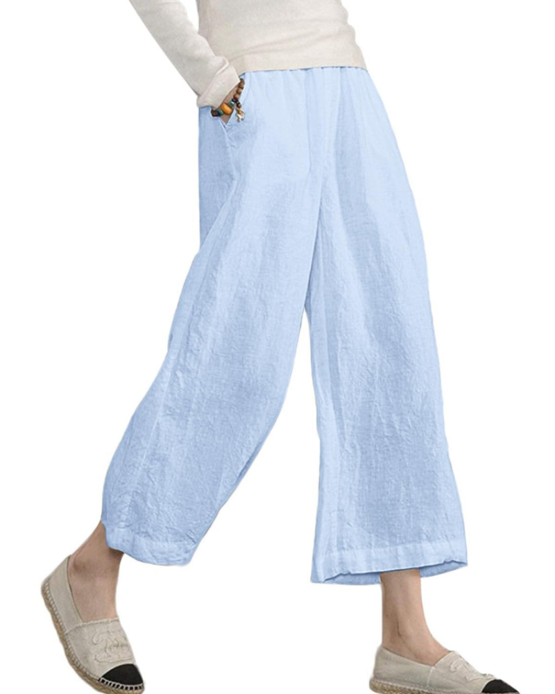 Claire Women’s Cotton Trousers – Breathable Wide Leg Summer Trousers with Elastic Waist & Pockets