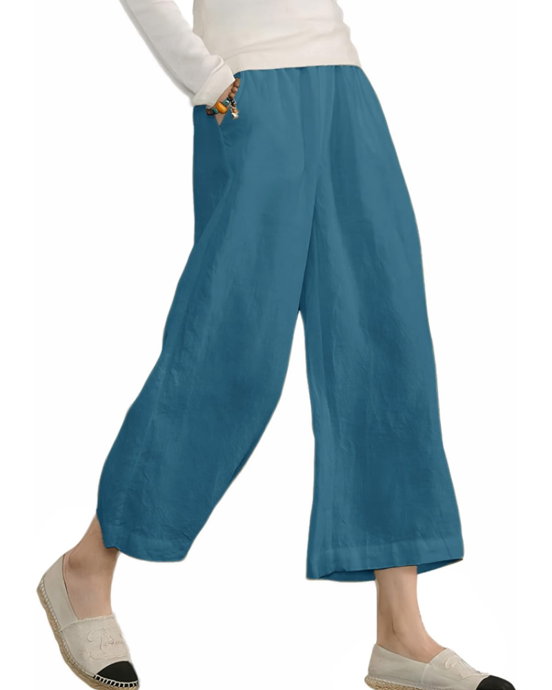 Claire Women’s Cotton Trousers – Breathable Wide Leg Summer Trousers with Elastic Waist & Pockets