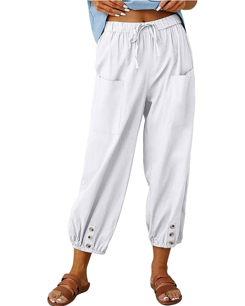 Chloe Women’s 7/8 Linen Pants – Wide Leg Summer Trousers with Button Detail