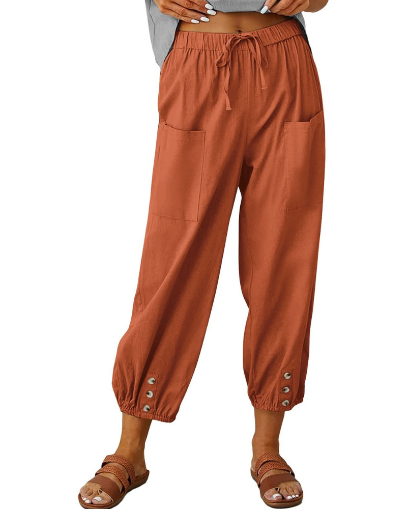 Chloe Women’s 7/8 Linen Pants – Wide Leg Summer Trousers with Button Detail