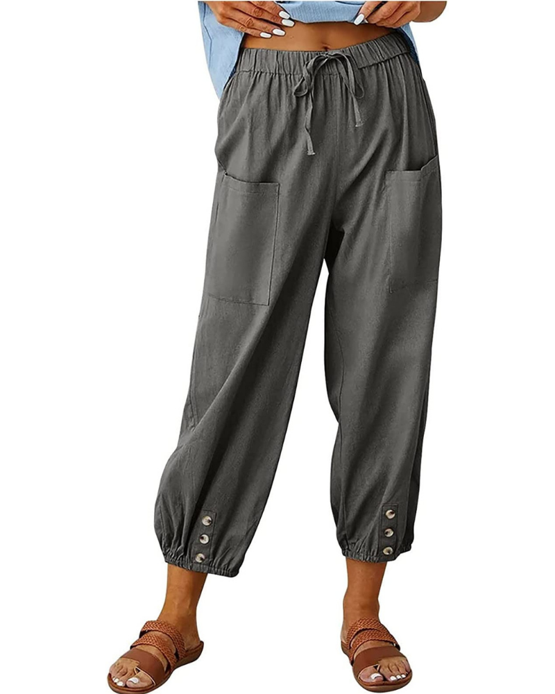 Chloe Women’s 7/8 Linen Pants – Wide Leg Summer Trousers with Button Detail