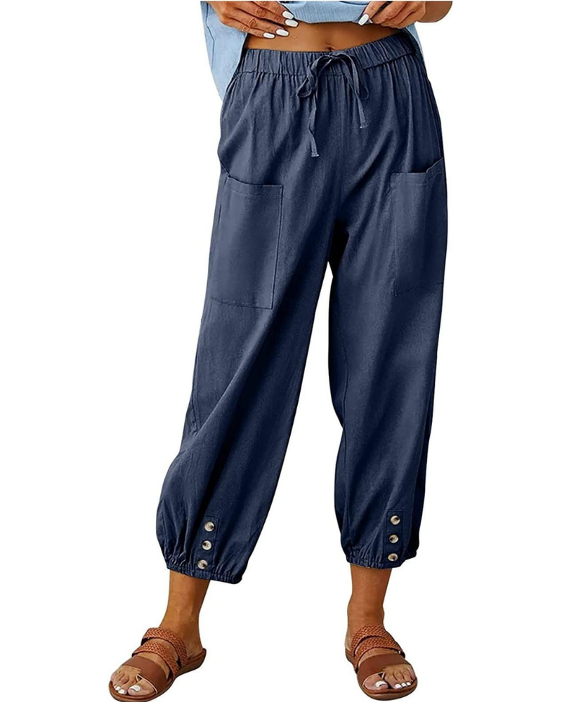 Chloe Women’s 7/8 Linen Pants – Wide Leg Summer Trousers with Button Detail