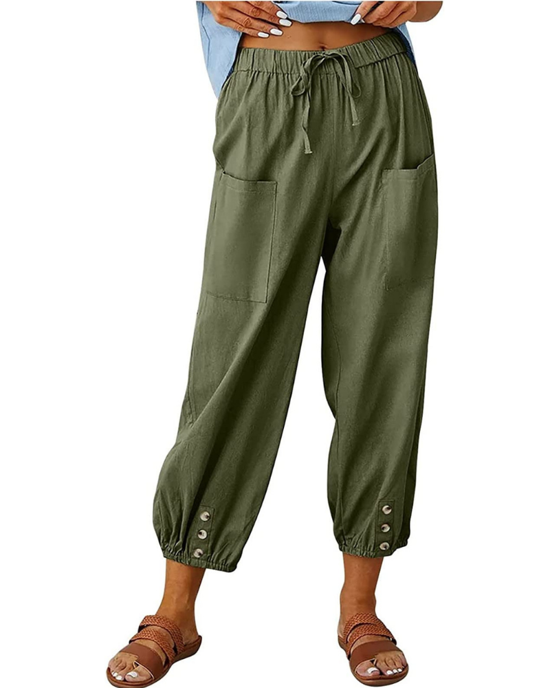 Chloe Women’s 7/8 Linen Pants – Wide Leg Summer Trousers with Button Detail