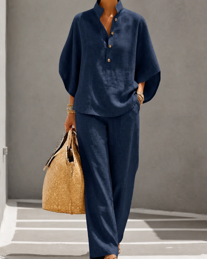 Celine Women’s Palazzo Set – Relaxed Button Shirt & High Waist Wide Leg Pants