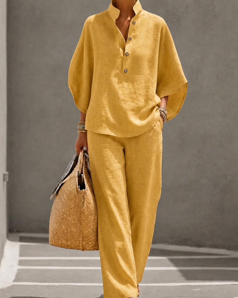 Celine Women’s Palazzo Set – Relaxed Button Shirt & High Waist Wide Leg Pants
