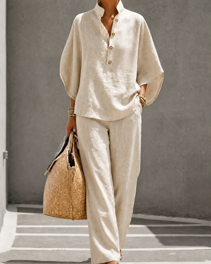 Loraine Women’s Palazzo Set – Relaxed Button Shirt & High Waist Wide Leg Pants