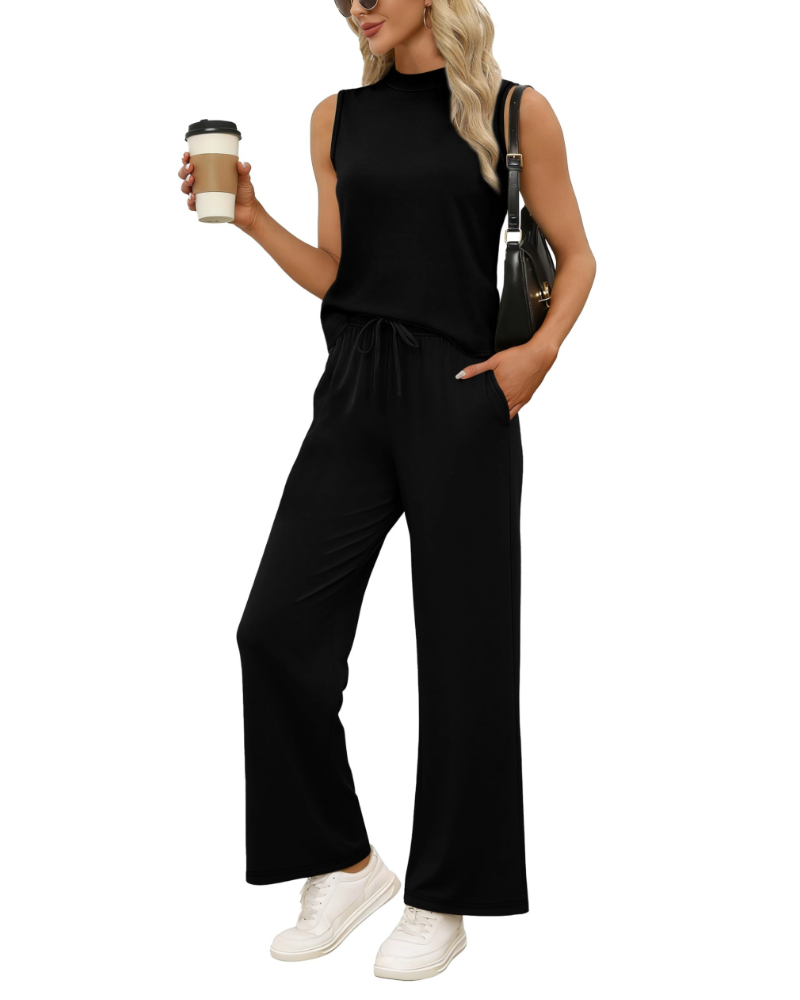 Natalie Women’s Two-Piece Set – Mock Neck Top & Printed Wide Leg Pants