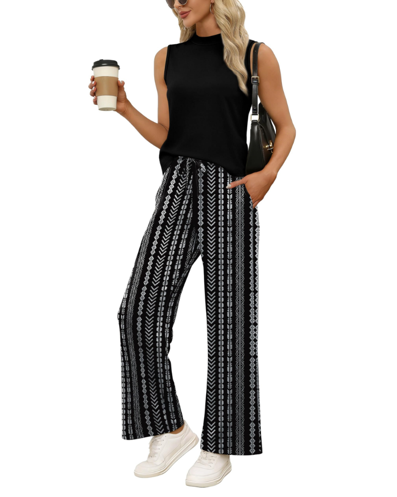Natalie Women’s Two-Piece Set – Mock Neck Top & Printed Wide Leg Pants