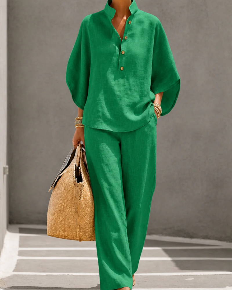 Celine Women’s Palazzo Set – Relaxed Button Shirt & High Waist Wide Leg Pants