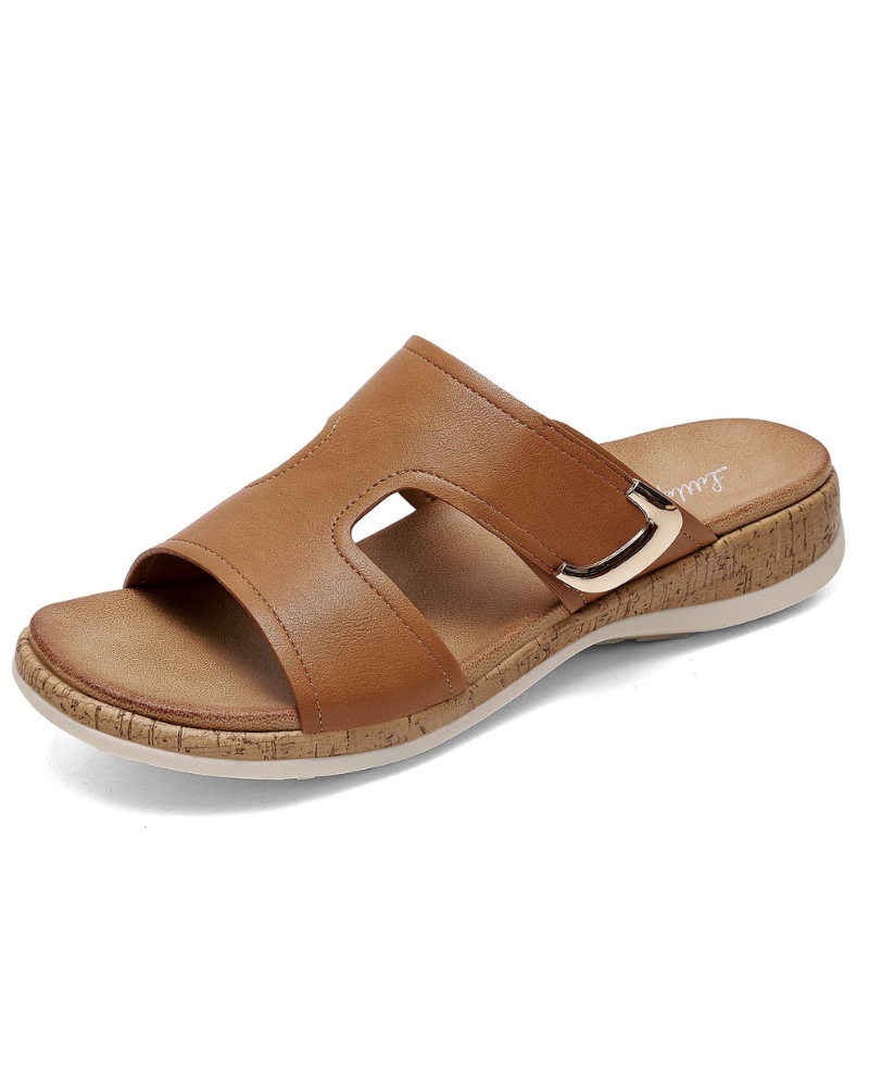 Valerie Women’s Buckle Sandals – PU Leather Arch Support Slides with Non-Slip Sole