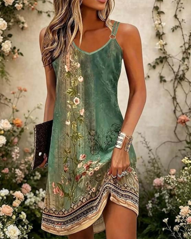 Lillian Women's Floral Dress – V-Neck Sleeveless Spaghetti Strap Summer Beach Dress