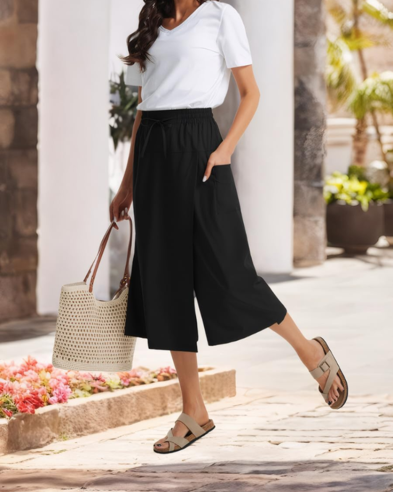 Madison Women's Capri Pants – High Waist Drawstring Flowy Trousers with Pockets