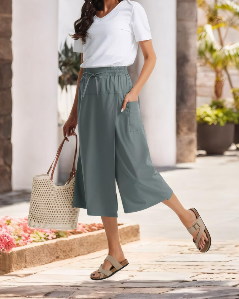 Madison Women's Capri Pants – High Waist Drawstring Flowy Trousers with Pockets