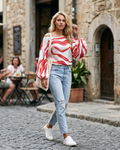 Freya Women’s One Shoulder Blouse – Asymmetrical Wave Print Top with Balloon Sleeves
