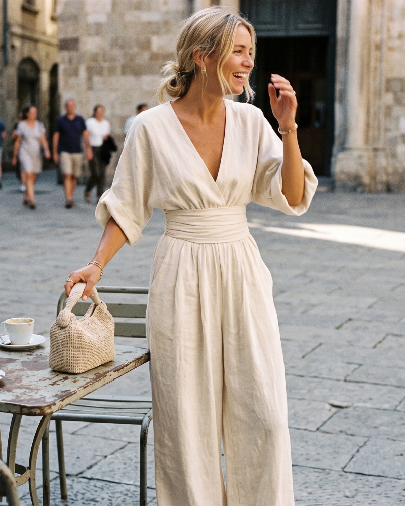 Hazel Women’s Wide Leg Jumpsuit – Elegant V-Neck Flowy Summer One-Piece Outfit