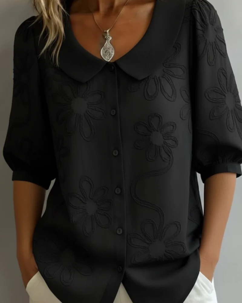 Harriet Women's Embroidered Blouse – Floral Button-Up Short Sleeve Smart Casual Top