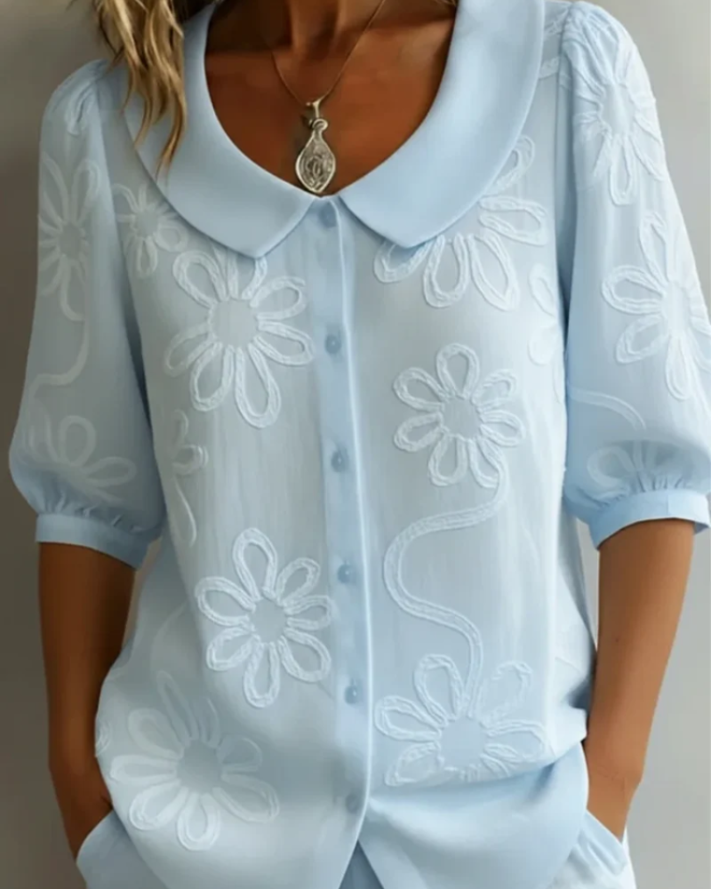 Harriet Women's Embroidered Blouse – Floral Button-Up Short Sleeve Smart Casual Top