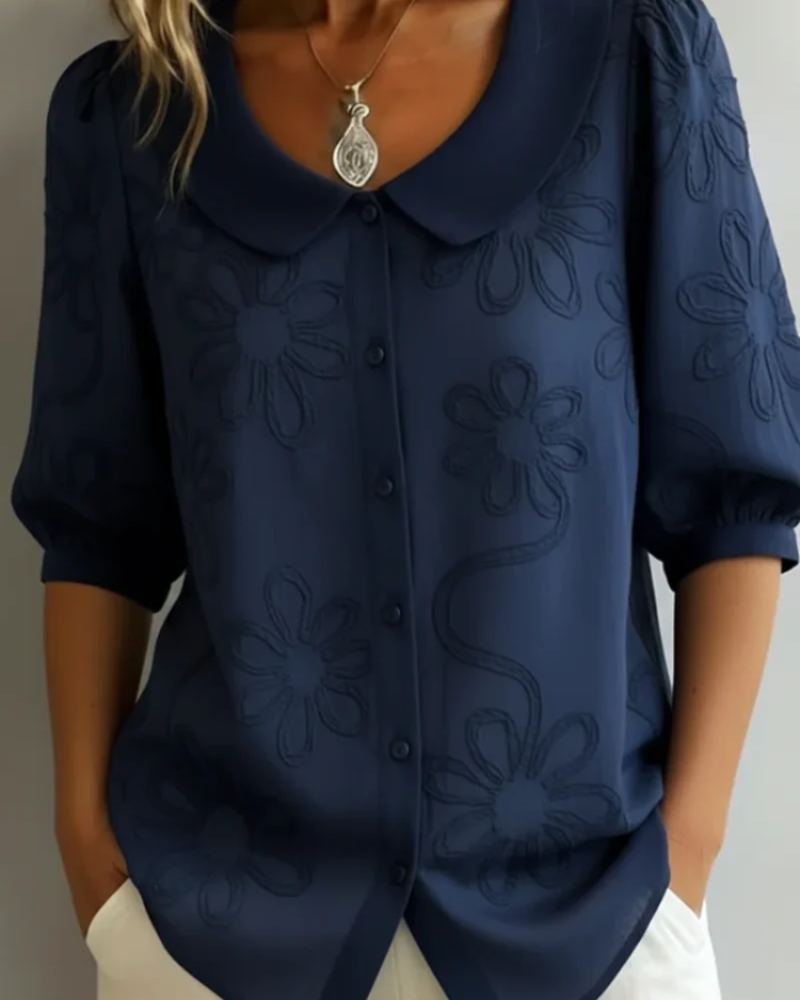 Harriet Women's Embroidered Blouse – Floral Button-Up Short Sleeve Smart Casual Top