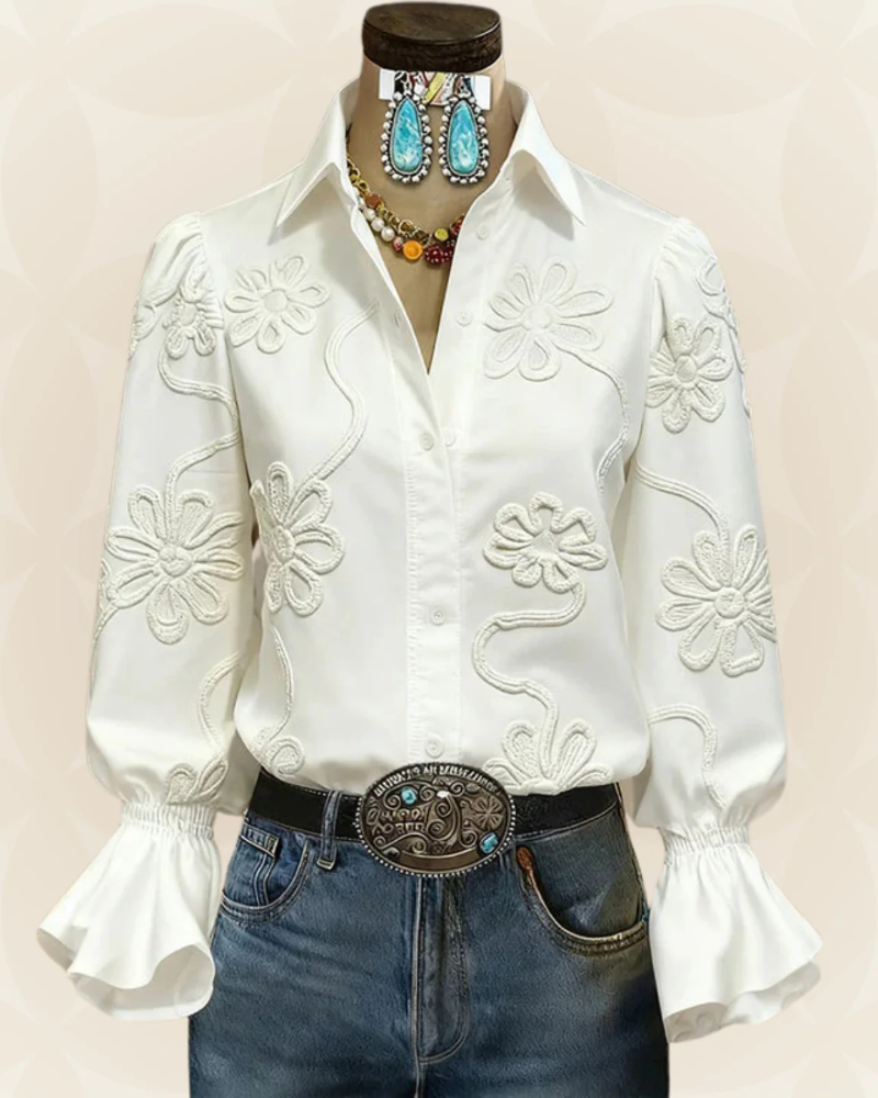 Cecilia Women's Embroidered Blouse – Long Sleeve Floral Button-Up Elegant Shirt
