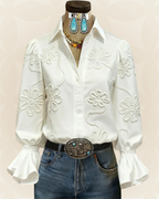 Cecilia Women's Embroidered Blouse – Long Sleeve Floral Button-Up Elegant Shirt
